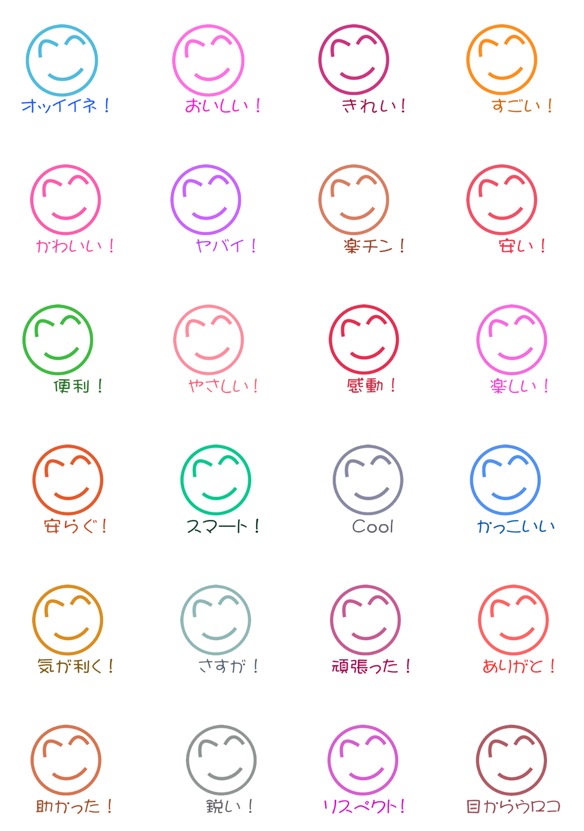 貼りまくってください LINEスタンプ「オッイイネ!シール、ピタ、バシッ」のスタンプの中身です。『マーケティングは正直バナナ』に登場する笑顔のイラスト「オッイイネ!」から生まれた24種のシールがずらりと並んでします。基本のシールに書かれたテキスト「オッイイネ!」はシールによって「おいしい!」「スマート!」「リスペクト!」などに替わっています。このスタンプの英語名は「Say Good!, in various Japanese words」です。