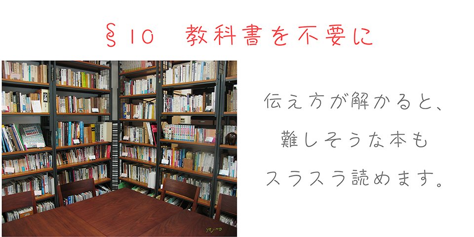 矢嶋ストーリーの自分らしく応援サイト「 I thinkでいこう」の目次「§10　教科書を不要に」の画像です。長方形の画像の上の部分に「§10　教科書を不要に」の文字があります。その下の左半分には書斎か図書館のようにたくさんの本が並んでいる写真が載っています。たくさんの本が写っています。右半分には「伝え方が解かると、難しそうな本もスラスラ読めます。」の文字があります。